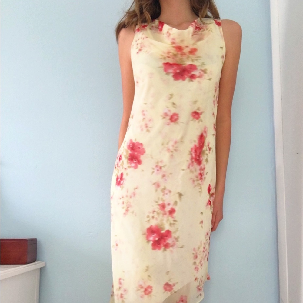 vintage yellow floral cowl neck dress